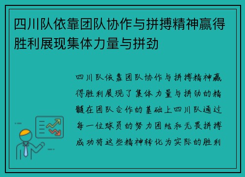 四川队依靠团队协作与拼搏精神赢得胜利展现集体力量与拼劲