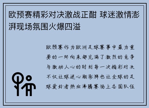 欧预赛精彩对决激战正酣 球迷激情澎湃现场氛围火爆四溢