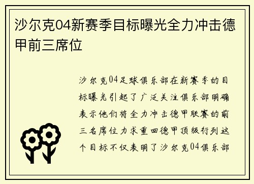 沙尔克04新赛季目标曝光全力冲击德甲前三席位
