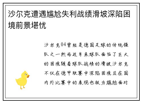 沙尔克遭遇尴尬失利战绩滑坡深陷困境前景堪忧