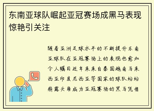 东南亚球队崛起亚冠赛场成黑马表现惊艳引关注