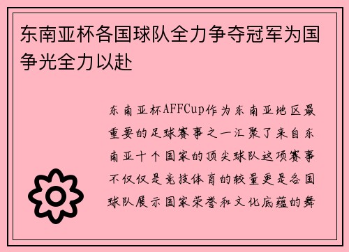 东南亚杯各国球队全力争夺冠军为国争光全力以赴