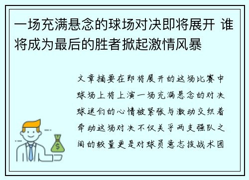 一场充满悬念的球场对决即将展开 谁将成为最后的胜者掀起激情风暴