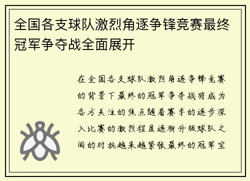 全国各支球队激烈角逐争锋竞赛最终冠军争夺战全面展开
