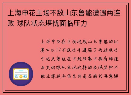 上海申花主场不敌山东鲁能遭遇两连败 球队状态堪忧面临压力