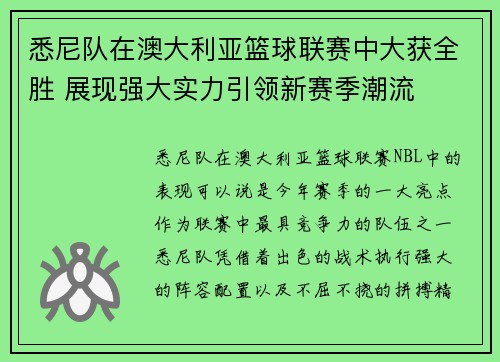 悉尼队在澳大利亚篮球联赛中大获全胜 展现强大实力引领新赛季潮流